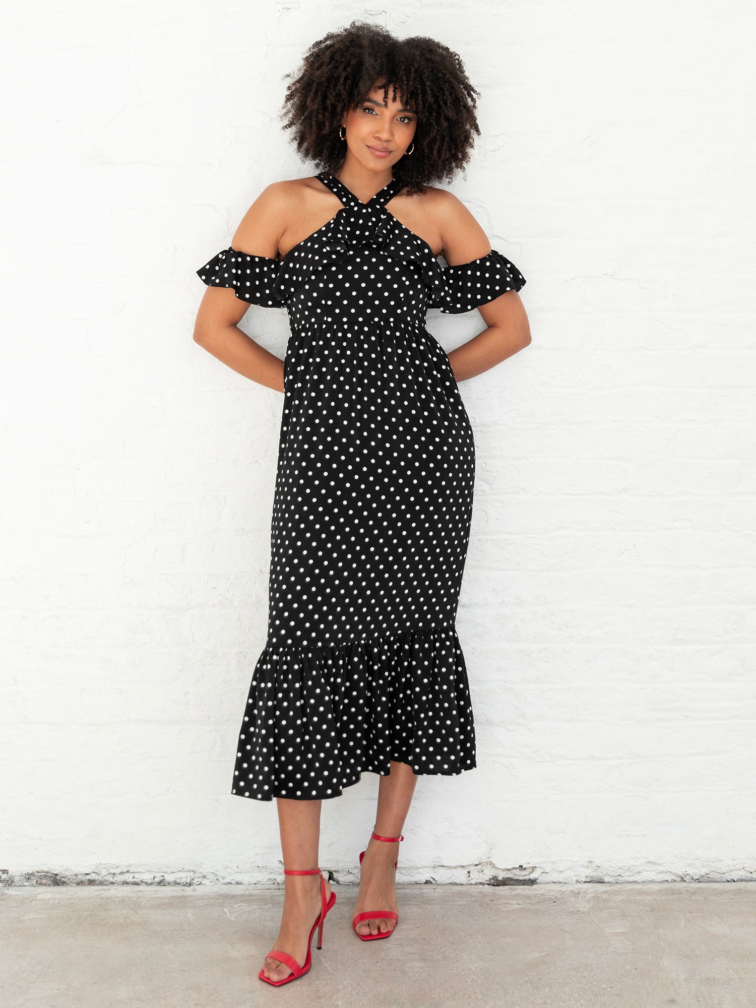 Lovedrobe Polka Dot Cold Shoulder Halter Neck Midaxi Dress
