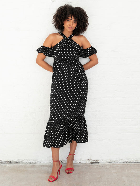 Lovedrobe Black Polka Dot Cold Shoulder Halter Neck Midaxi Dress