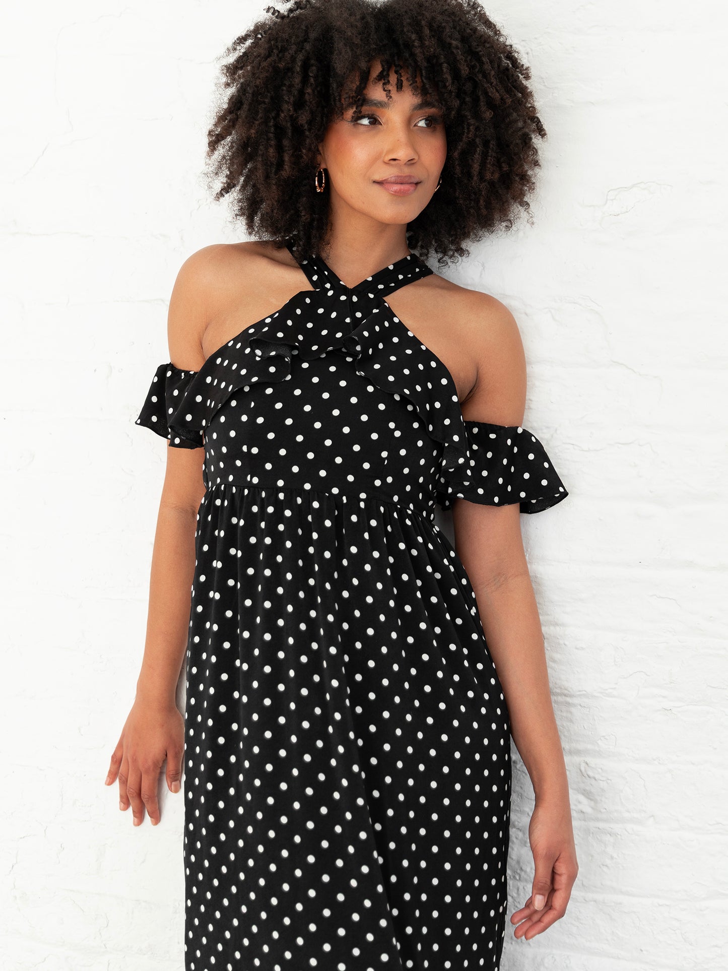 Lovedrobe Black Polka Dot Cold Shoulder Halter Neck Midaxi Dress