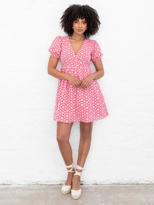 Lovedrobe Pink Floral Embroidered Short Sleeve Faux Wrap Mini Dress