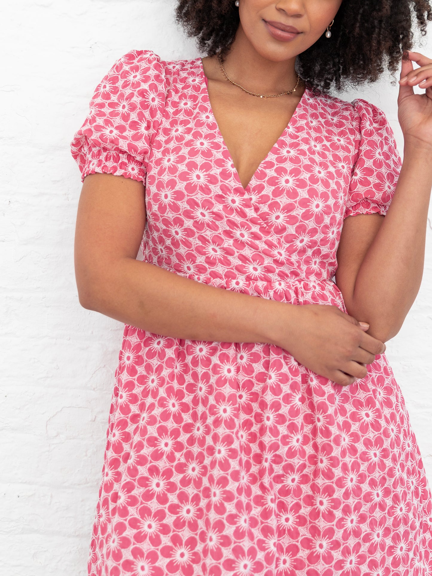 Lovedrobe Pink Floral Embroidered Short Sleeve Faux Wrap Mini Dress