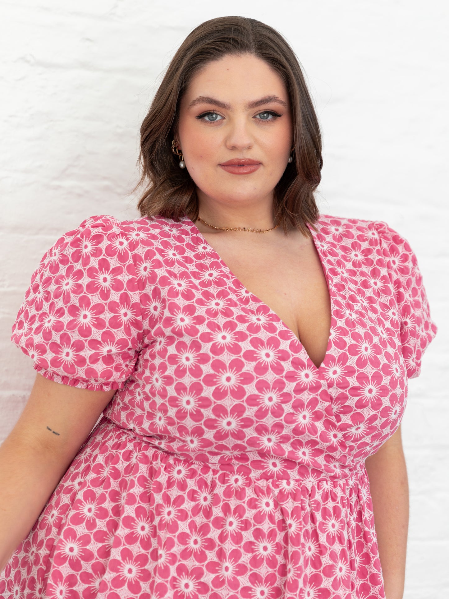 Lovedrobe Pink Floral Embroidered Short Sleeve Faux Wrap Mini Dress