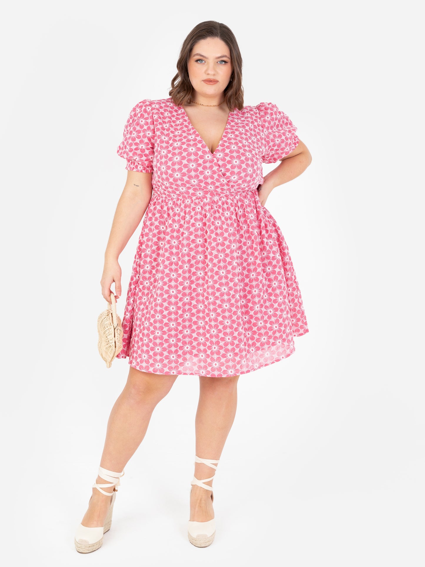 Lovedrobe Pink Floral Embroidered Short Sleeve Faux Wrap Mini Dress