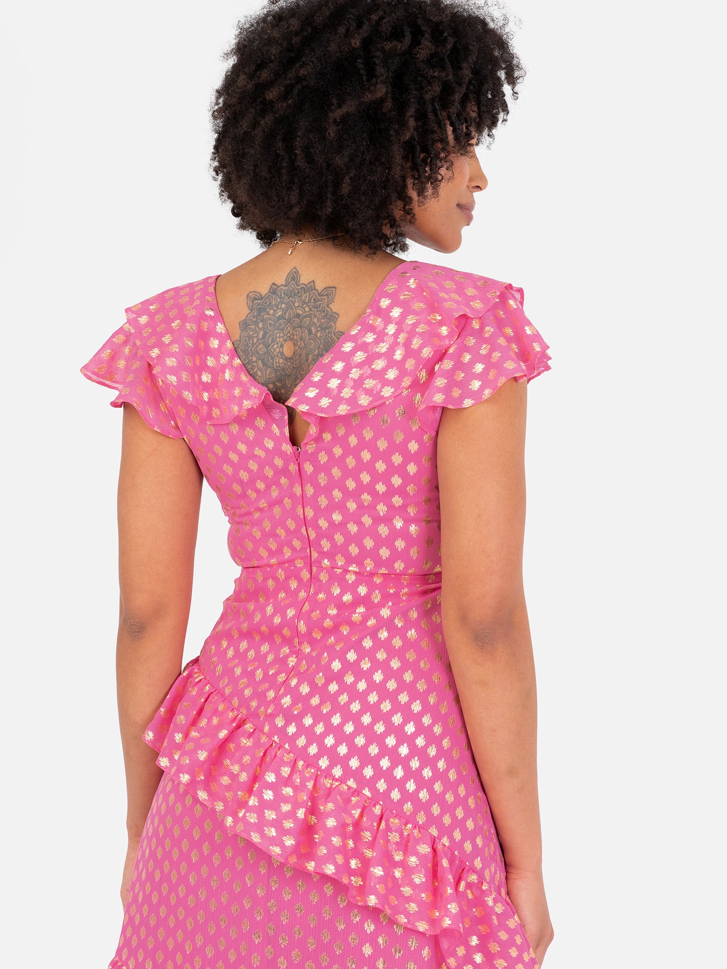 Lovedrobe Pink Flutter Sleeve V Neck Ruffled Midaxi Dress with Gold Detail