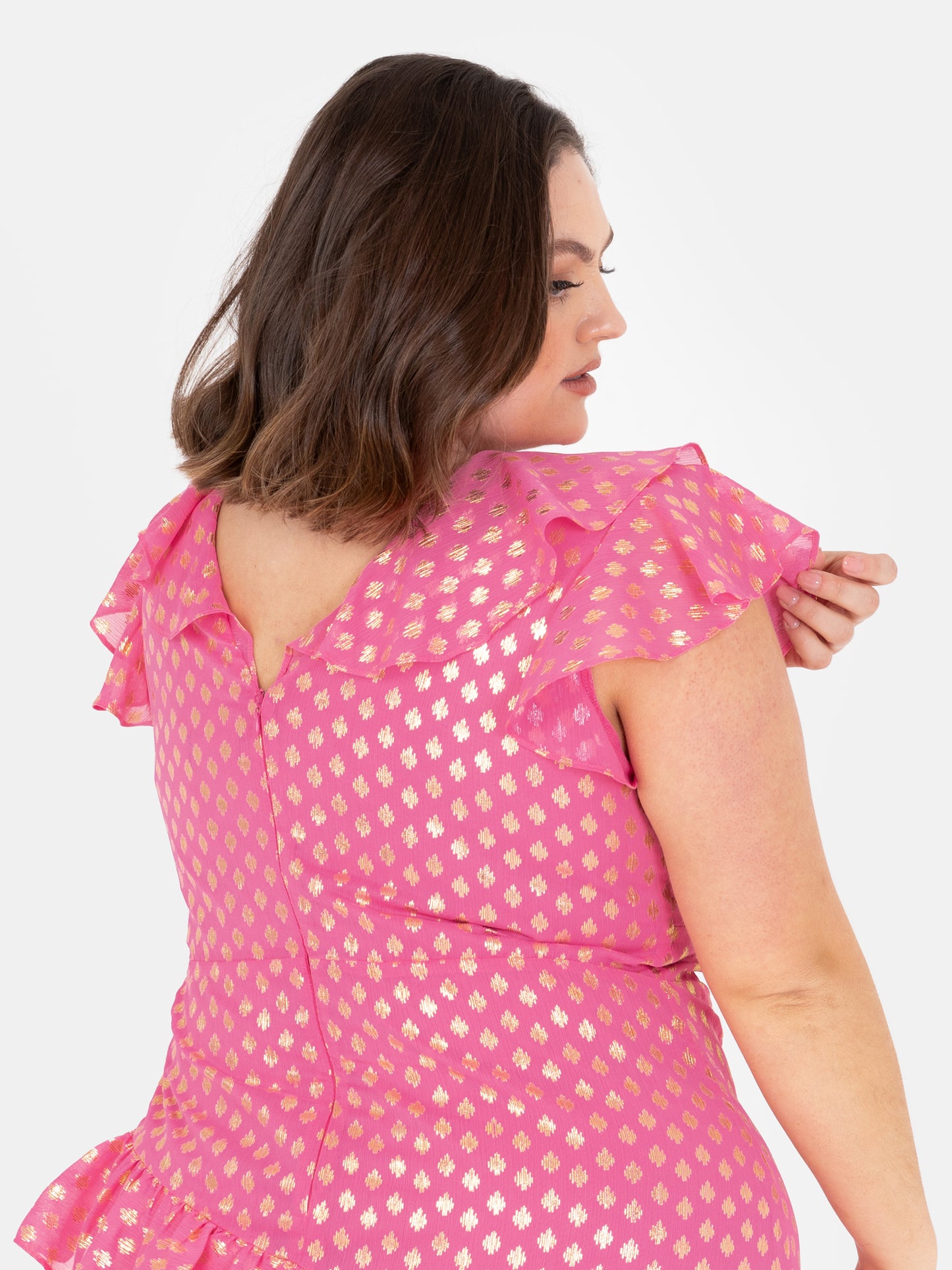 Lovedrobe Pink Flutter Sleeve V Neck Ruffled Midaxi Dress with Gold Detail