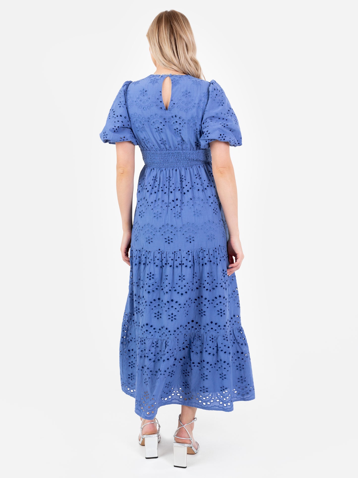 Lovedrobe Blue Broderie Puff Sleeve Tiered Midi Dress