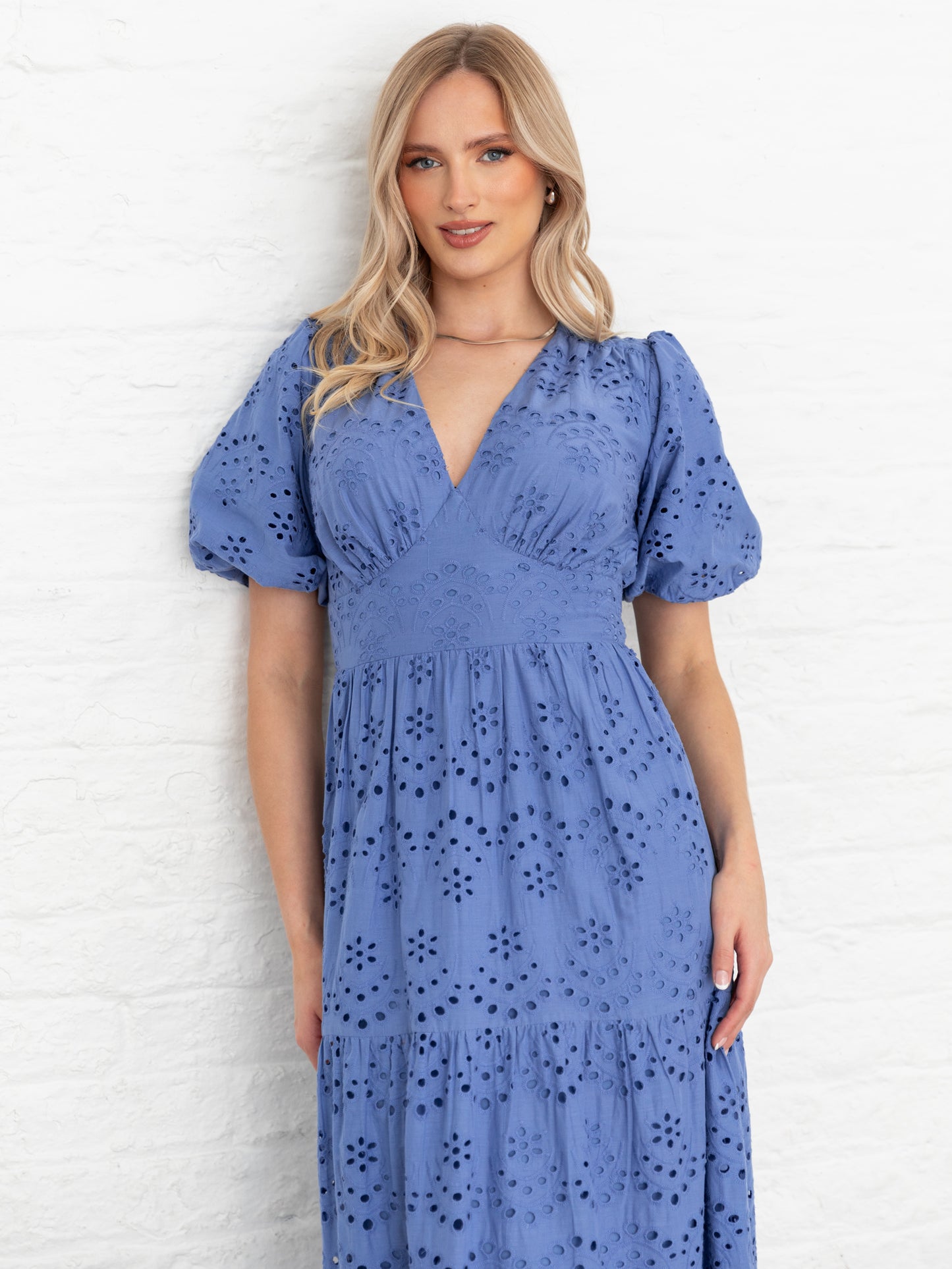 Lovedrobe Blue Broderie Puff Sleeve Tiered Midi Dress