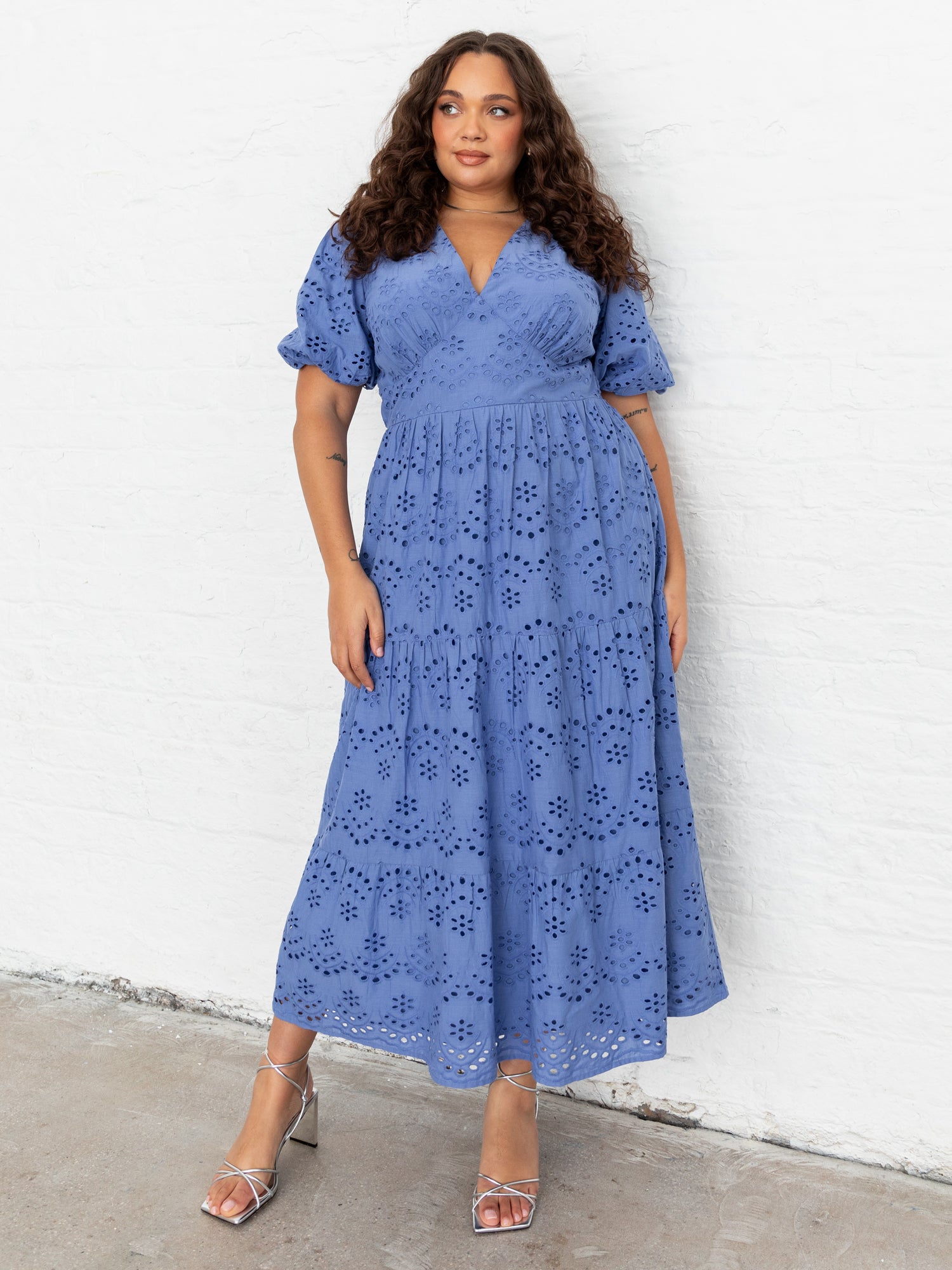 Lovedrobe Broderie Puff Sleeve Tiered Midi Dress