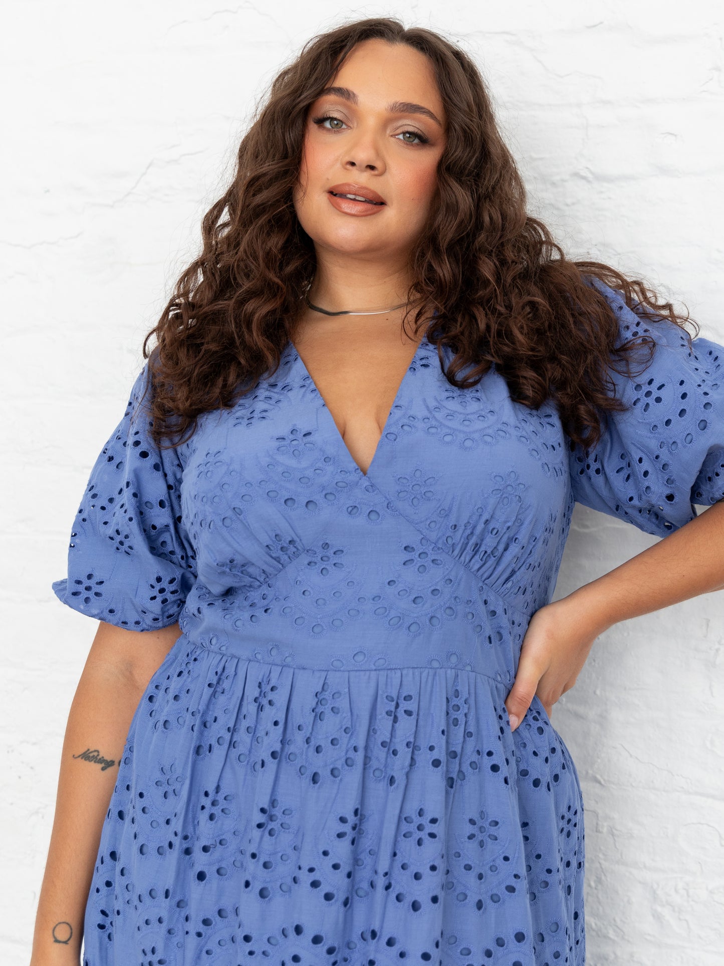 Lovedrobe Blue Broderie Puff Sleeve Tiered Midi Dress