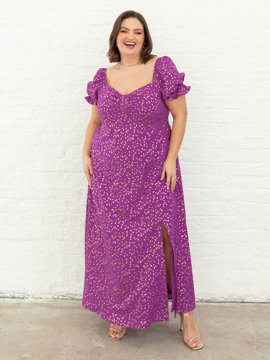 Lovedrobe Purple Short Sleeve Gold Detail Midaxi Dress