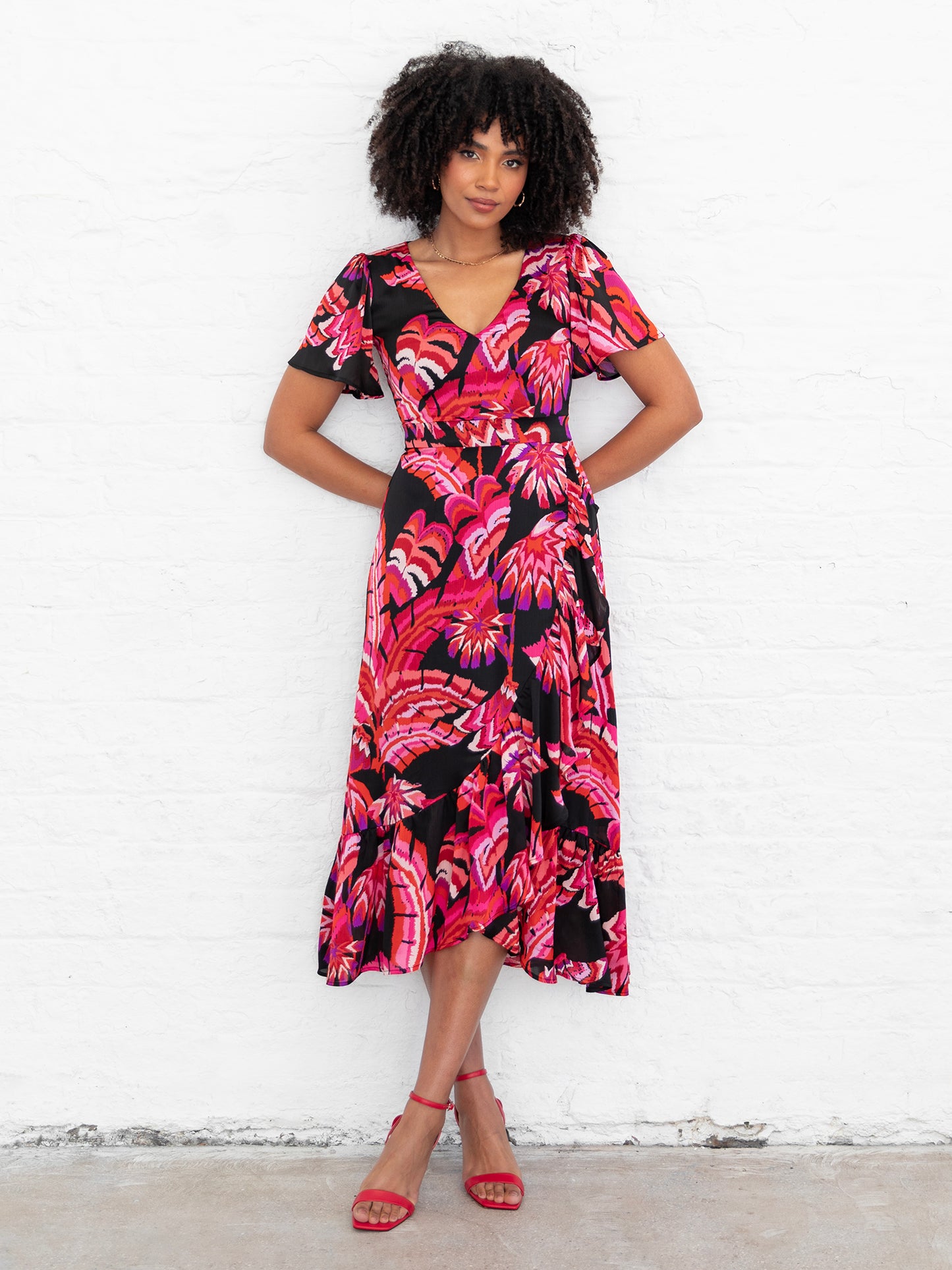 Lovedrobe Floral Angel Sleeve Waterfall Ruffle Midaxi Dress