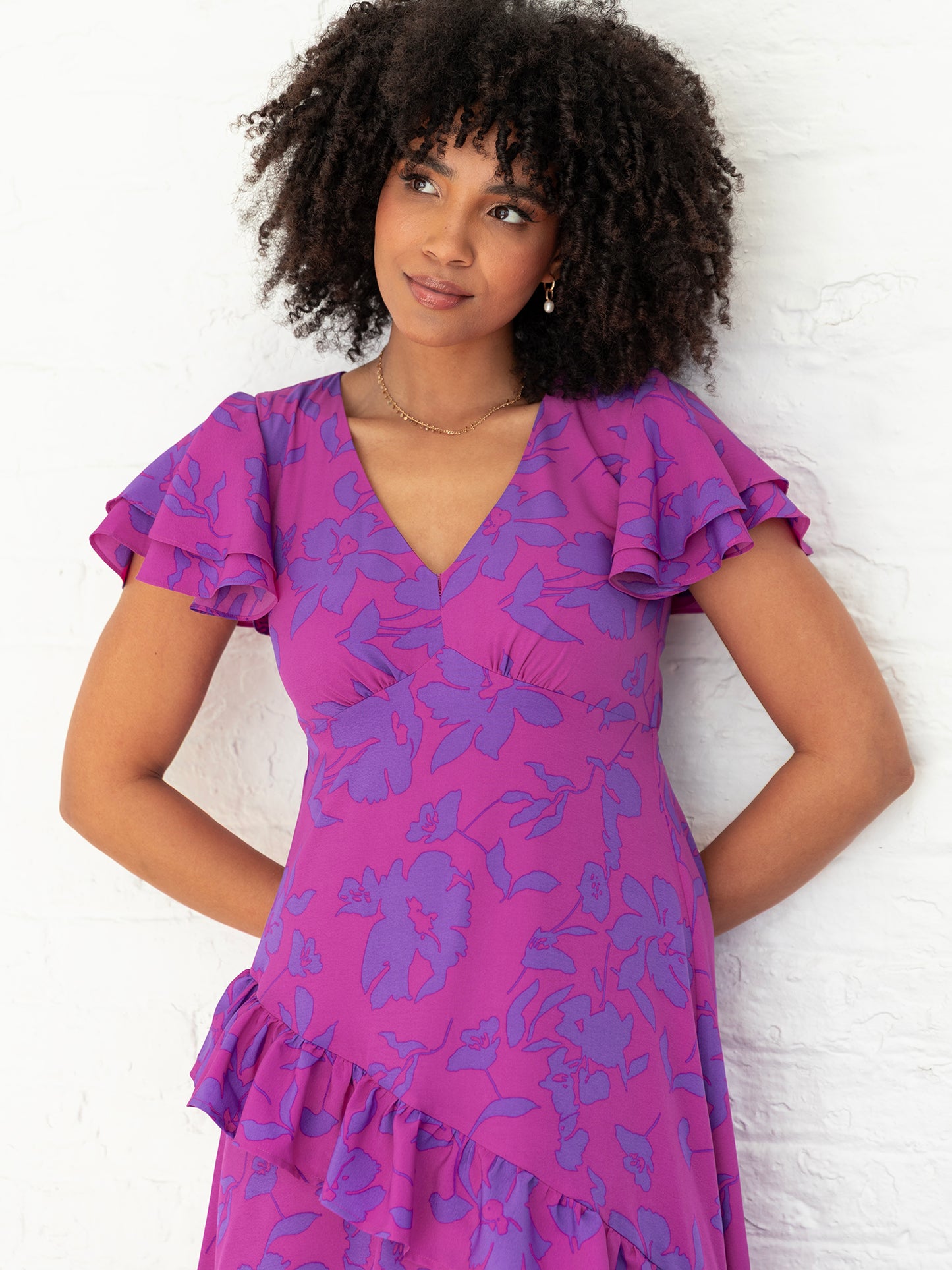 Lovedrobe Purple Floral V Neck Flutter Sleeve Midaxi Dress