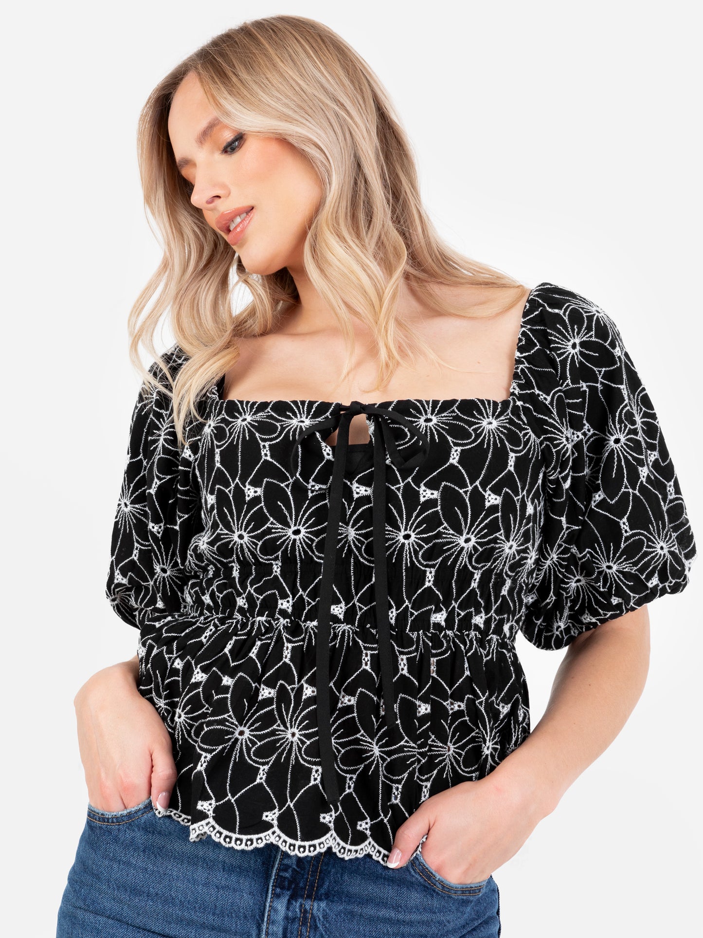 Lovedrobe Broderie Square Neck Short Puff Sleeve Peplum Top