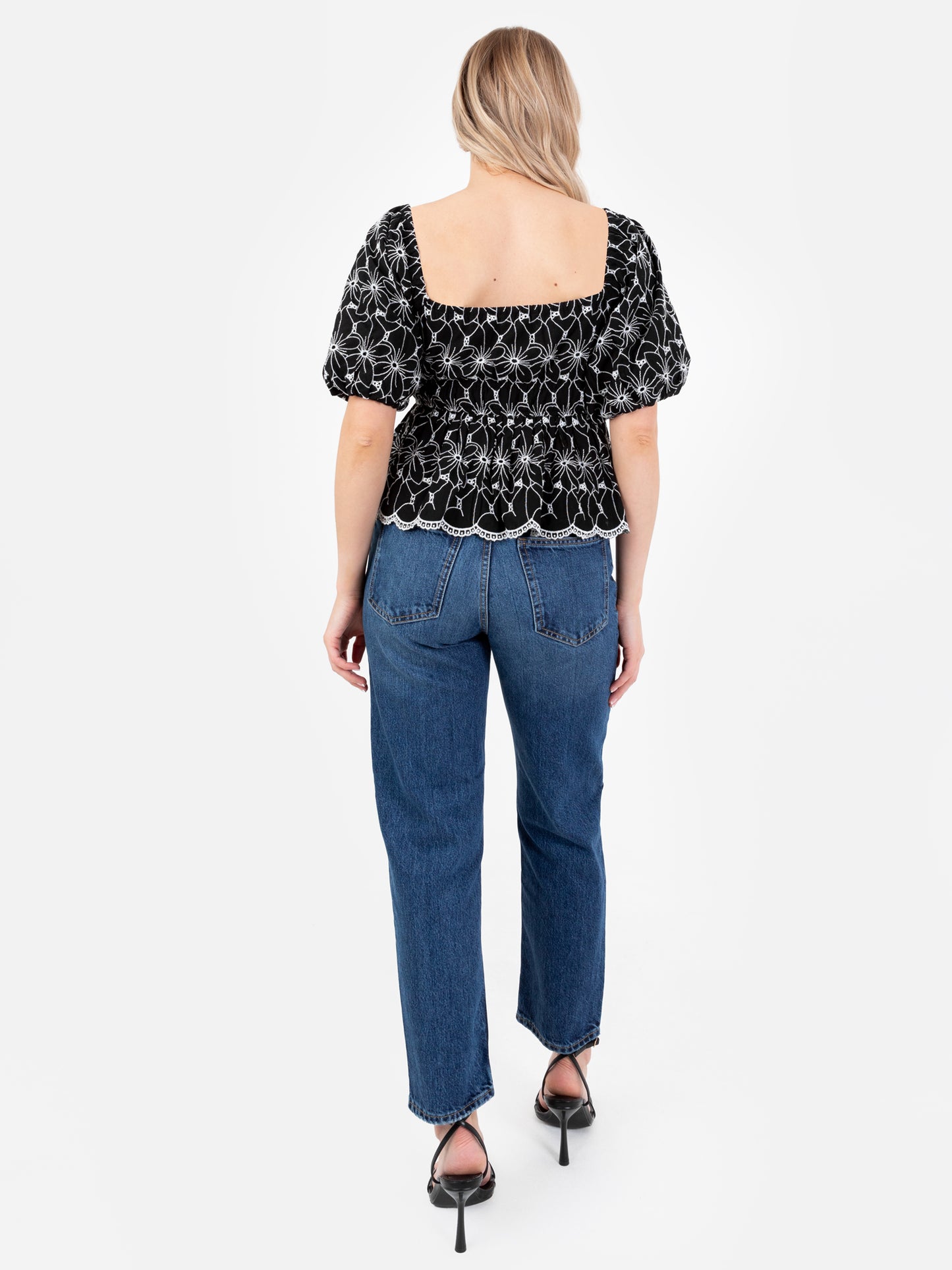 Lovedrobe Broderie Square Neck Short Puff Sleeve Peplum Top