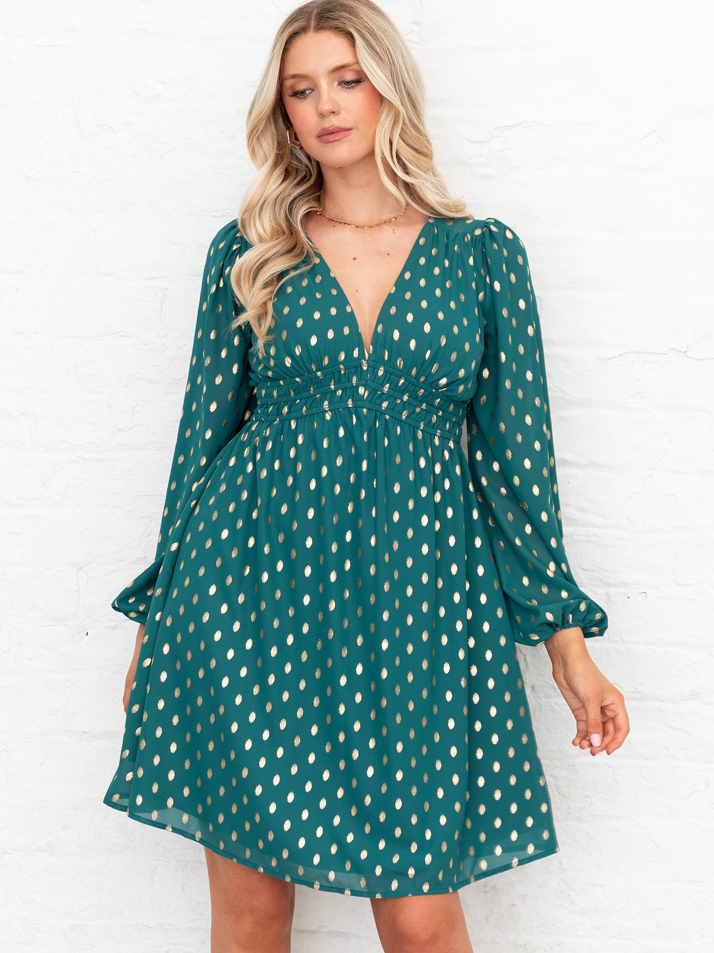 Lovedrobe Green Maxi Sleeve V Neck Mini Dress