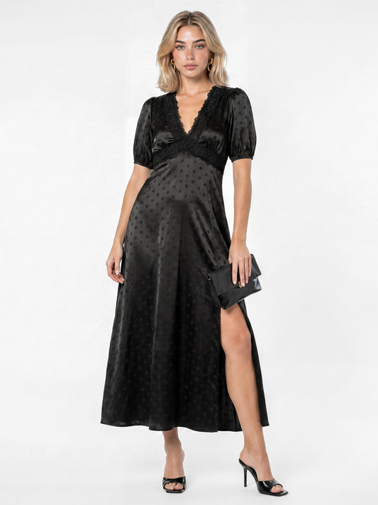 Lovedrobe Black Polka Dot V Neck Midaxi Dress with Lace Trim
