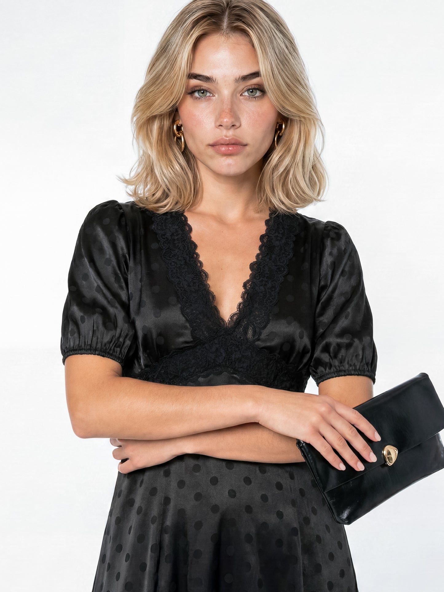 Lovedrobe Black Polka Dot V Neck Midaxi Dress with Lace Trim