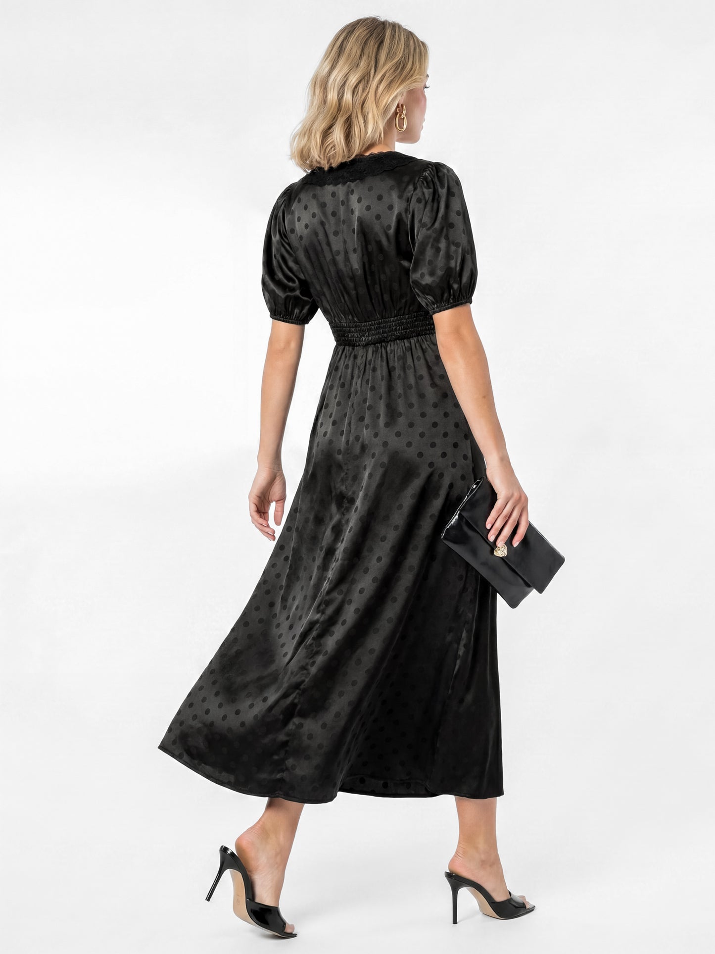 Lovedrobe Black Polka Dot V Neck Midaxi Dress with Lace Trim