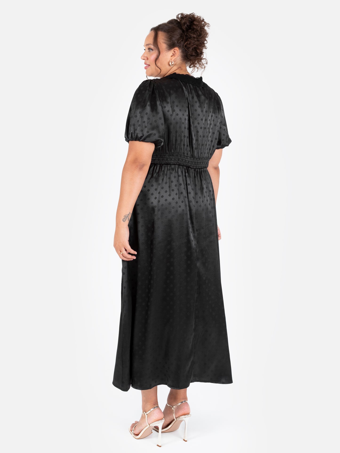 Lovedrobe Black Polka Dot V Neck Midaxi Dress with Lace Trim