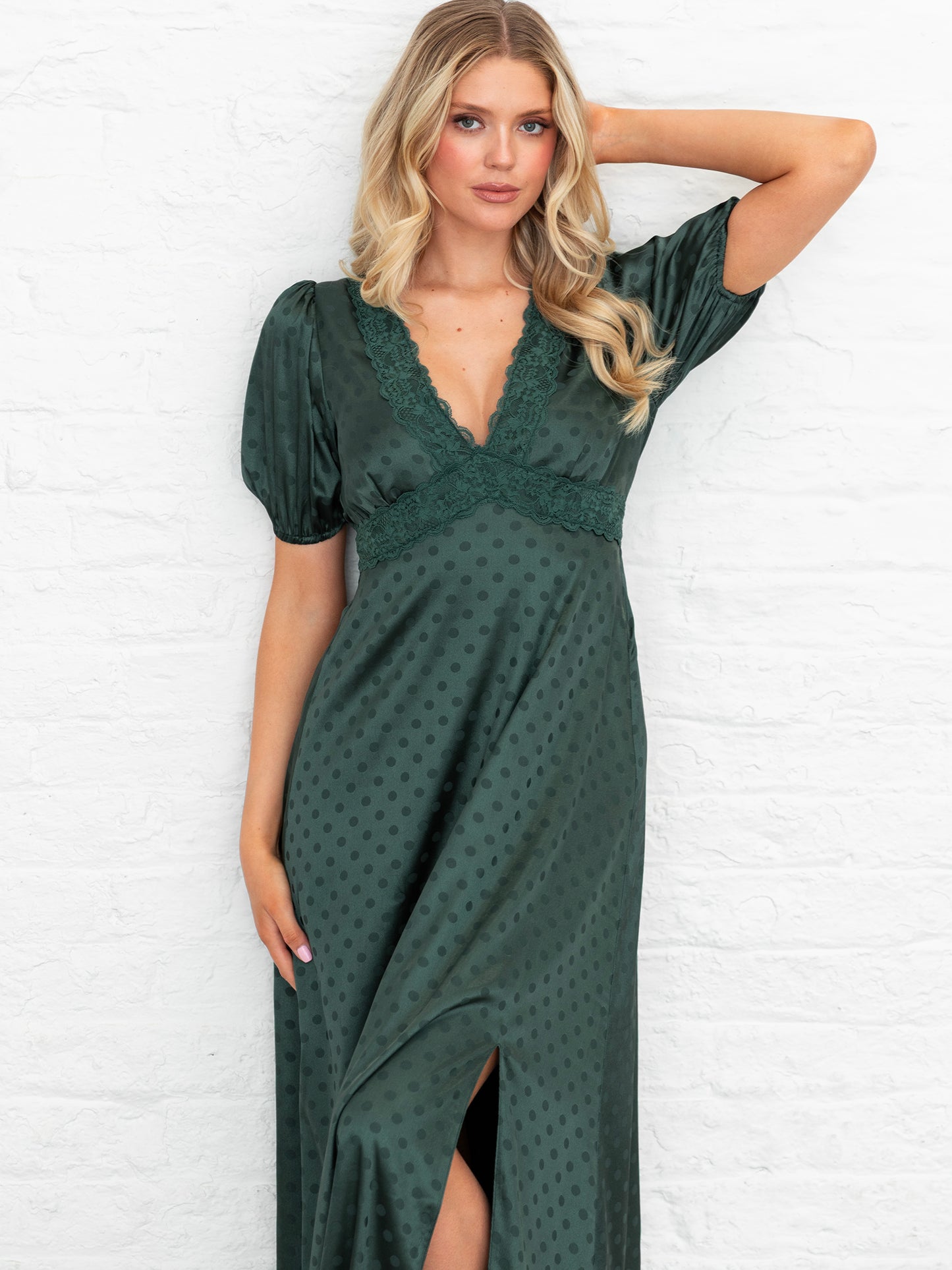 Lovedrobe Emerald Polka Dot V Neck Midaxi Dress with Lace Trim