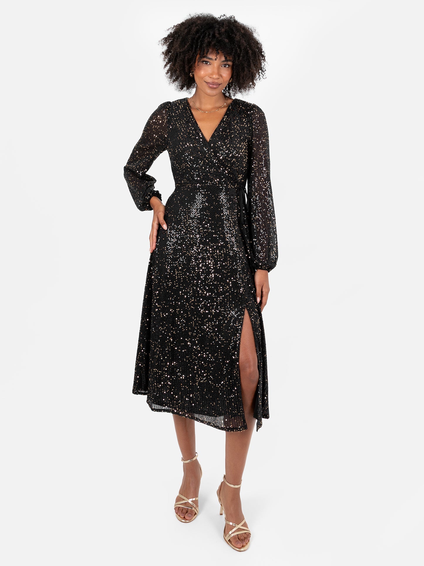 Lovedrobe Black & Gold Sequin Faux Wrap Maxi Sleeve Midi Dress