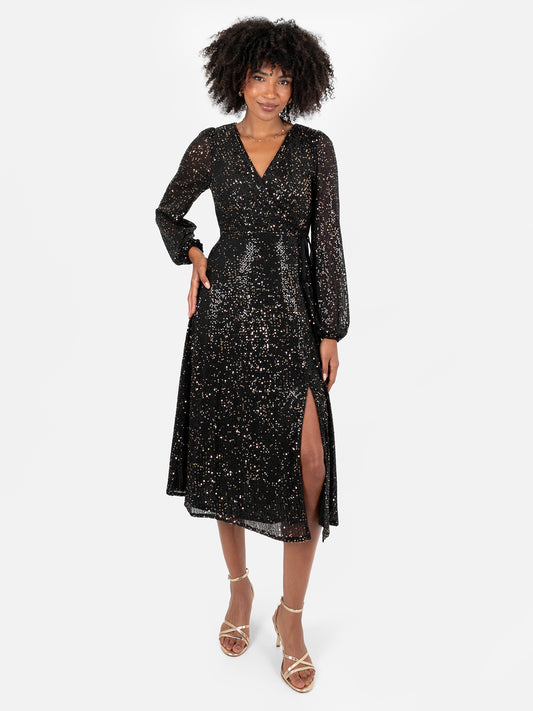 Lovedrobe Black & Gold Sequin Faux Wrap Maxi Sleeve Midi Dress