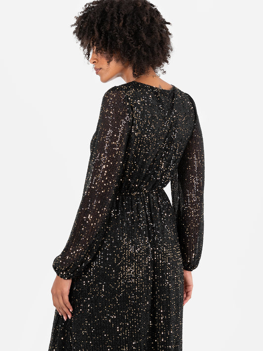 Lovedrobe Black & Gold Sequin Faux Wrap Maxi Sleeve Midi Dress