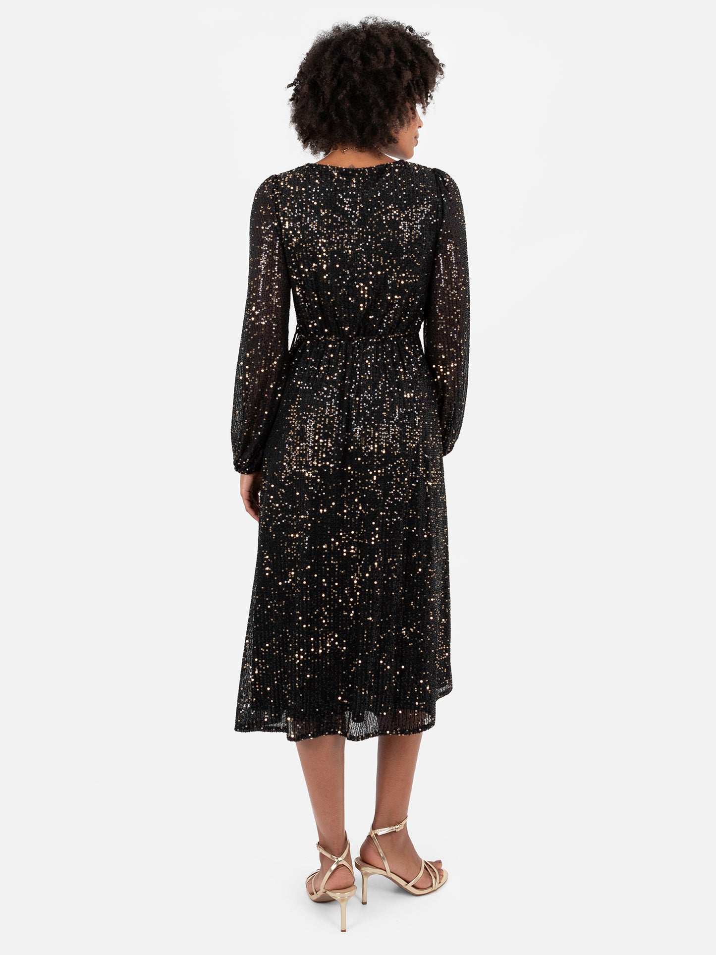 Lovedrobe Black & Gold Sequin Faux Wrap Maxi Sleeve Midi Dress