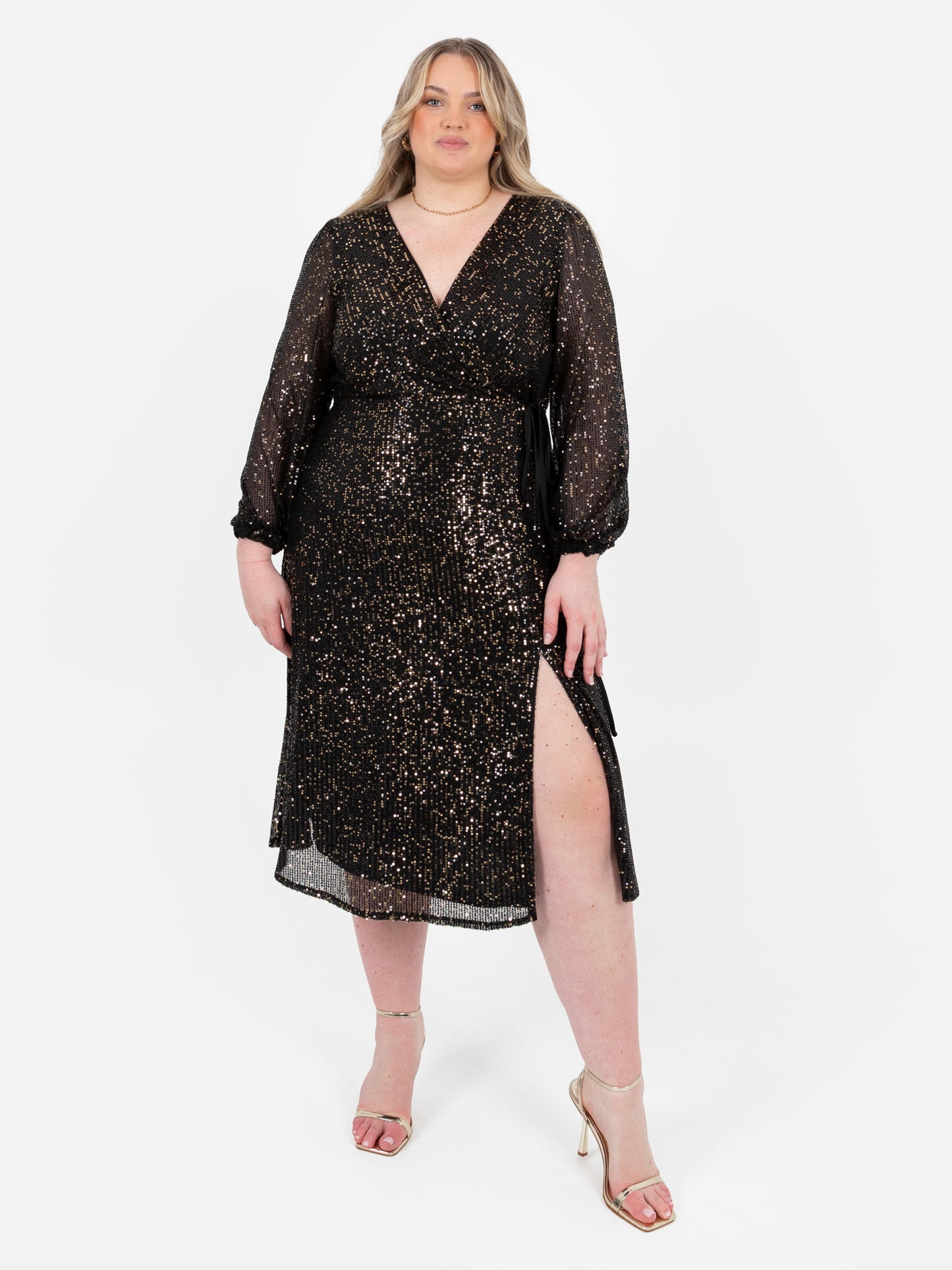 Lovedrobe Black & Gold Sequin Faux Wrap Maxi Sleeve Midi Dress