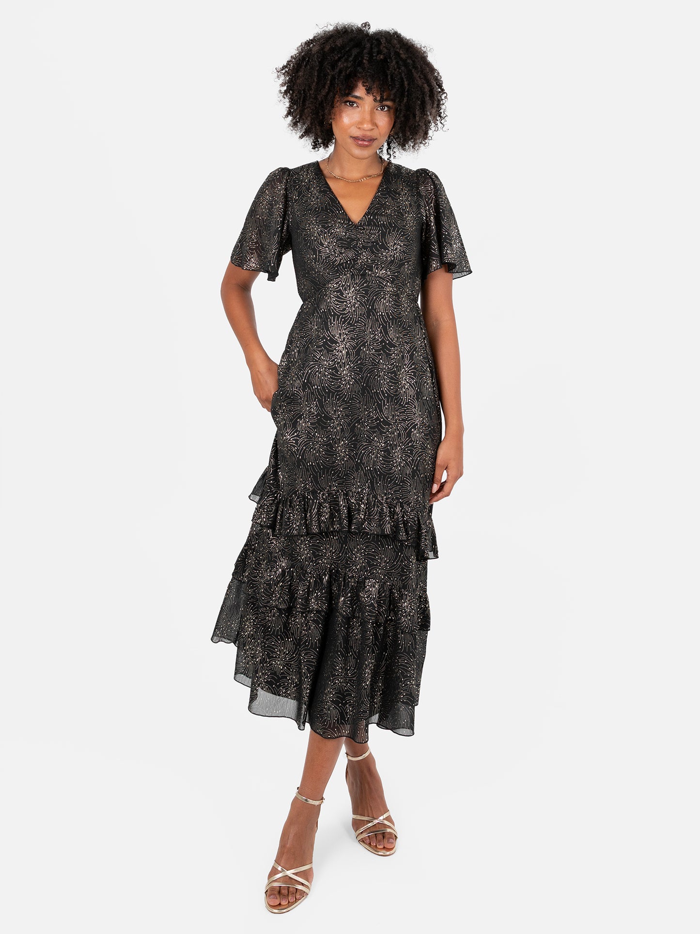 Lovedrobe Gold Foil Detail Angel Sleeve Ruffled Midaxi Dress