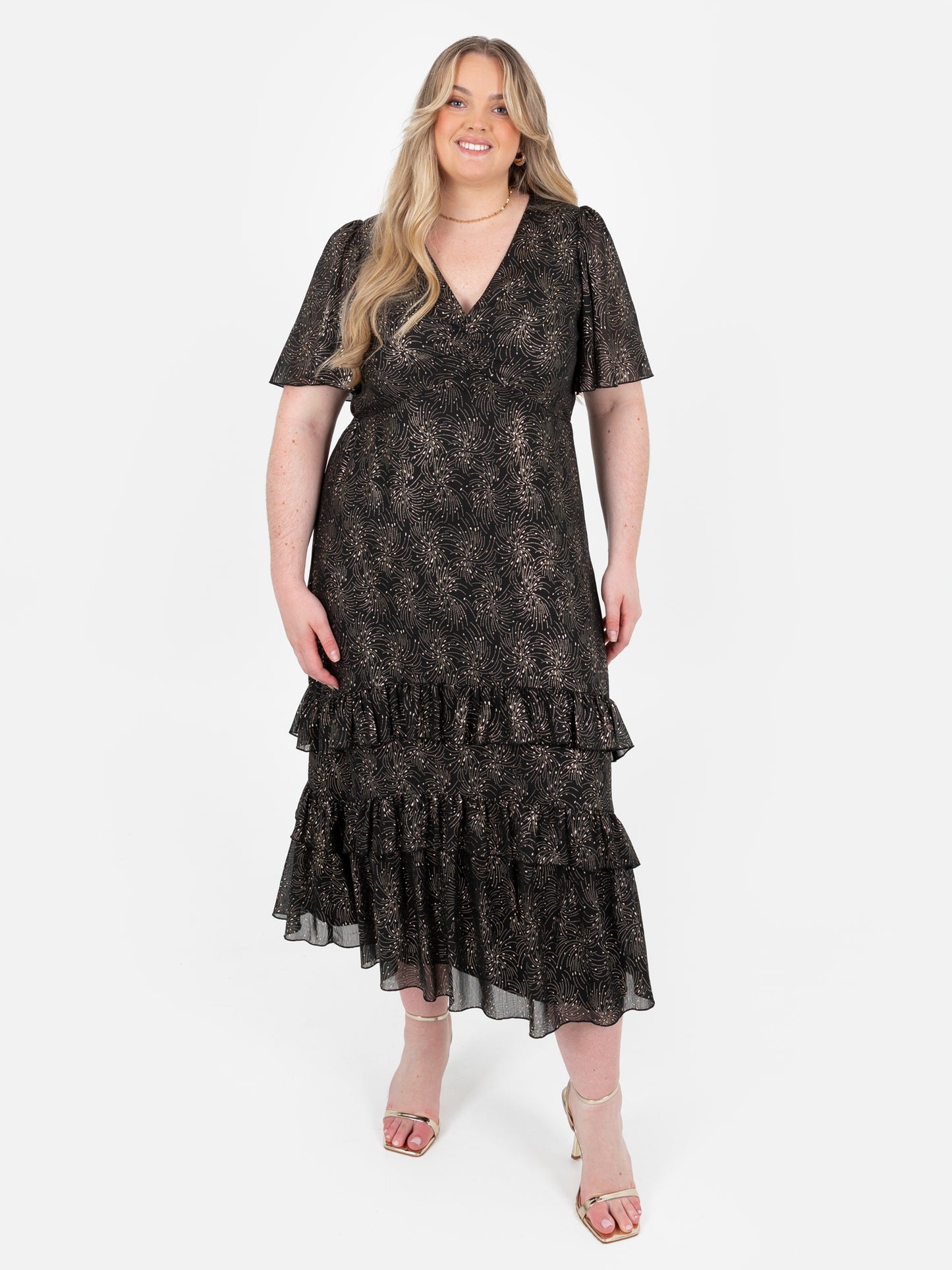 Lovedrobe Gold Foil Detail Angel Sleeve Ruffled Midaxi Dress