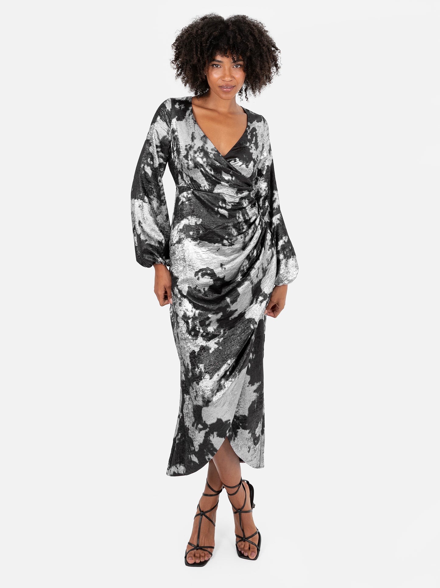Lovedrobe Black and Silver Maxi Sleeve Faux Wrap Gathered Midaxi Dress