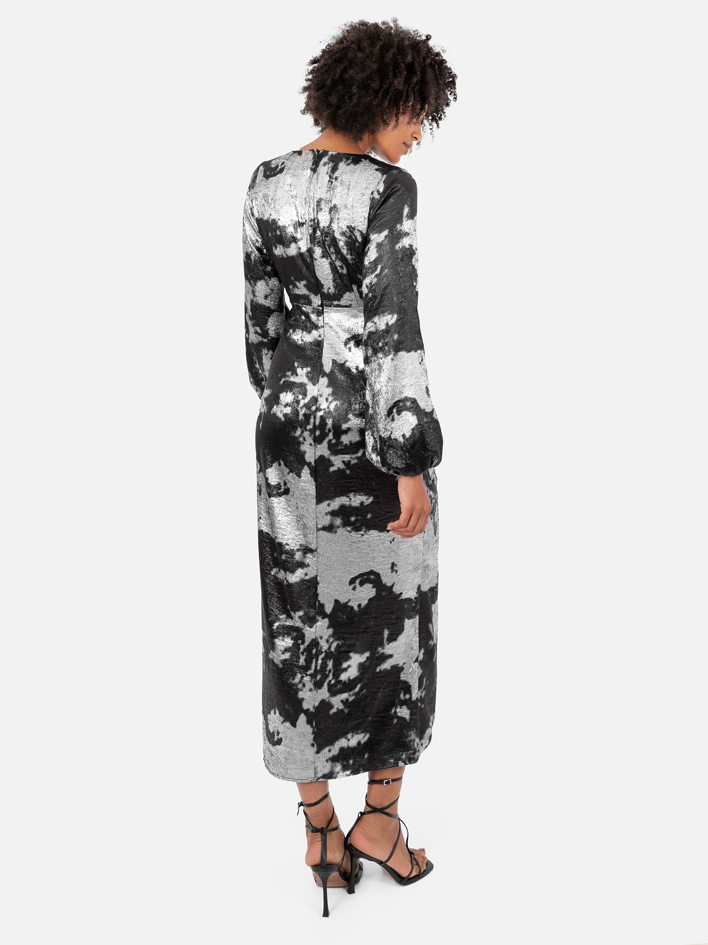 Lovedrobe Black and Silver Maxi Sleeve Faux Wrap Gathered Midaxi Dress
