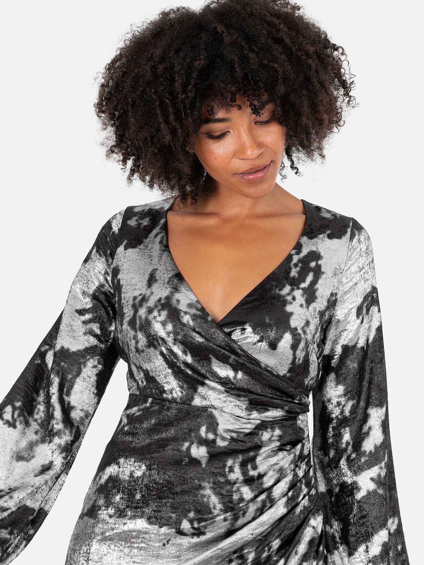 Lovedrobe Black and Silver Maxi Sleeve Faux Wrap Gathered Midaxi Dress