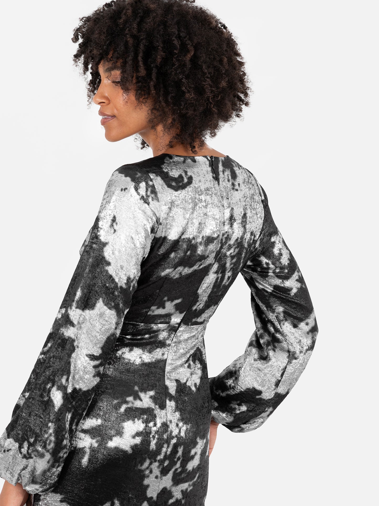 Lovedrobe Black and Silver Maxi Sleeve Faux Wrap Gathered Midaxi Dress