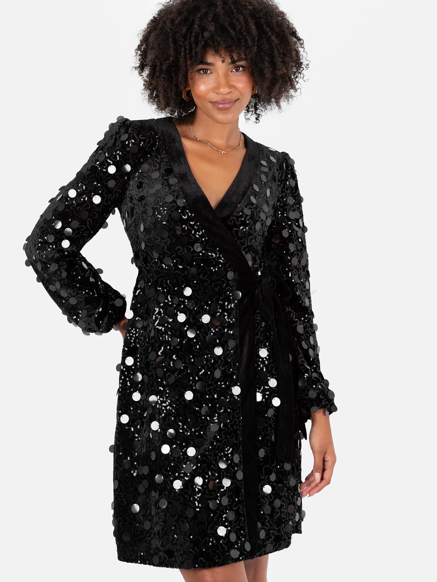 Lovedrobe Black Sequin & Velvet Trim Mini Wrap Dress