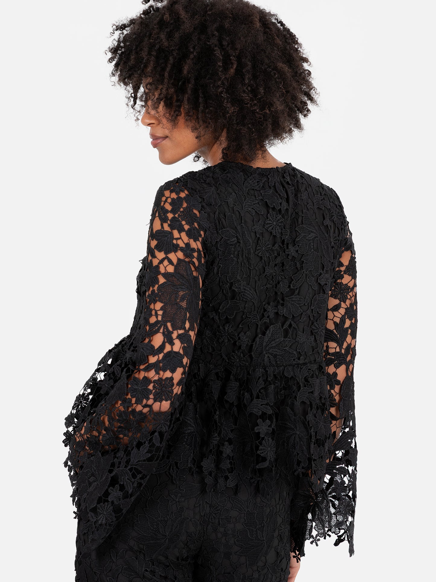 Lovedrobe Black Floral Lace Bell Sleeve Peplum Top