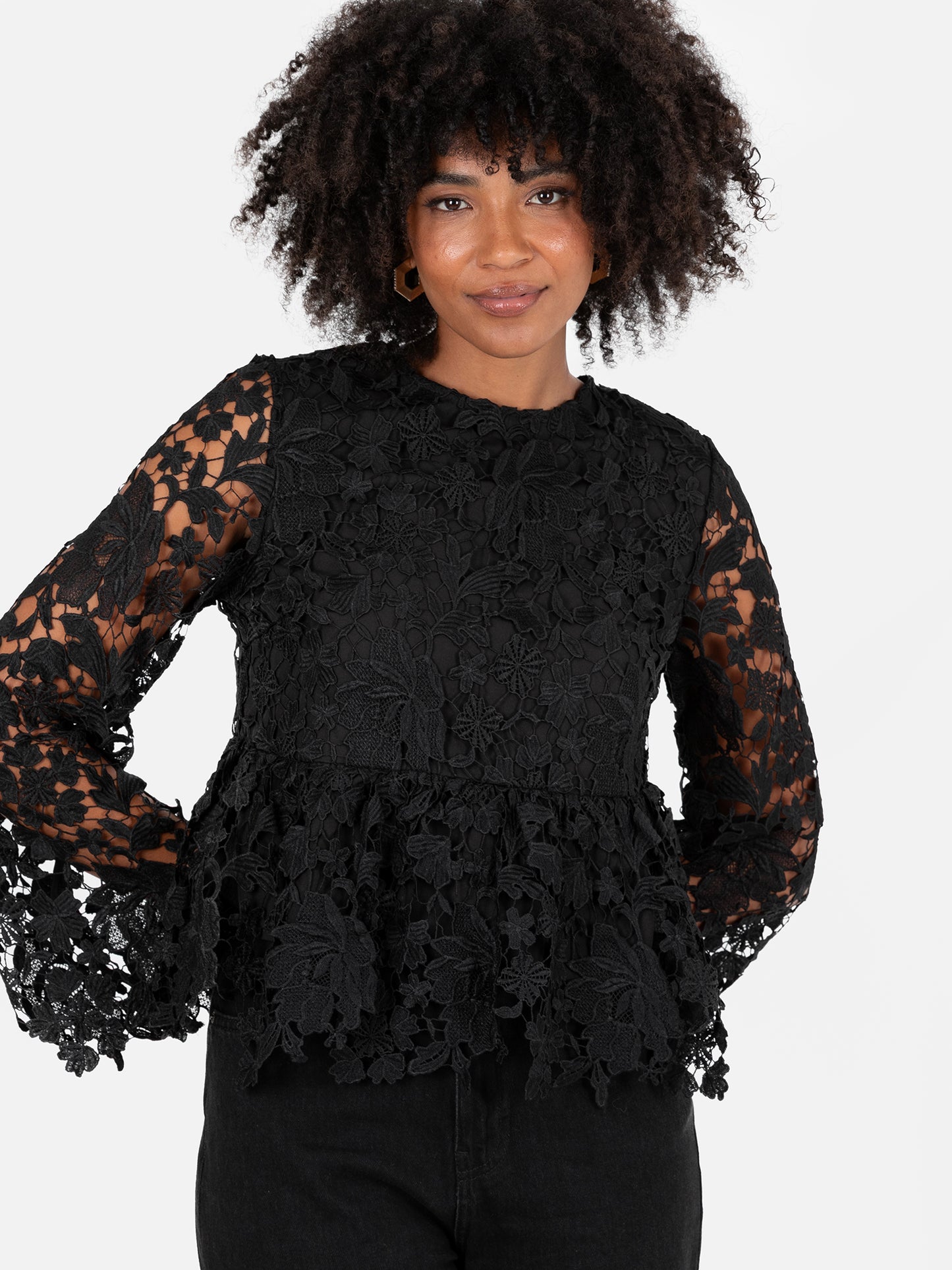 Lovedrobe Black Floral Lace Bell Sleeve Peplum Top