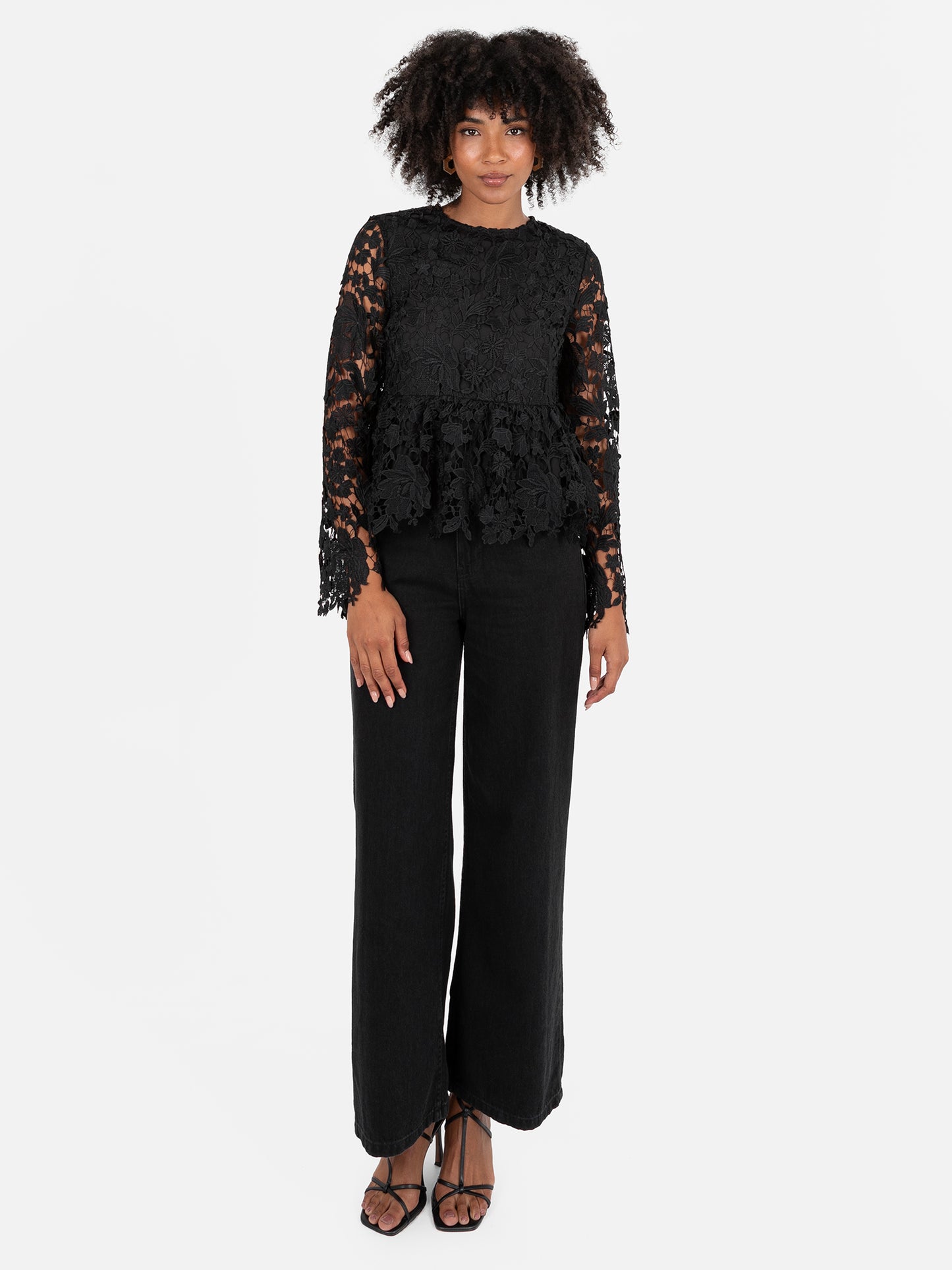 Lovedrobe Black Floral Lace Bell Sleeve Peplum Top