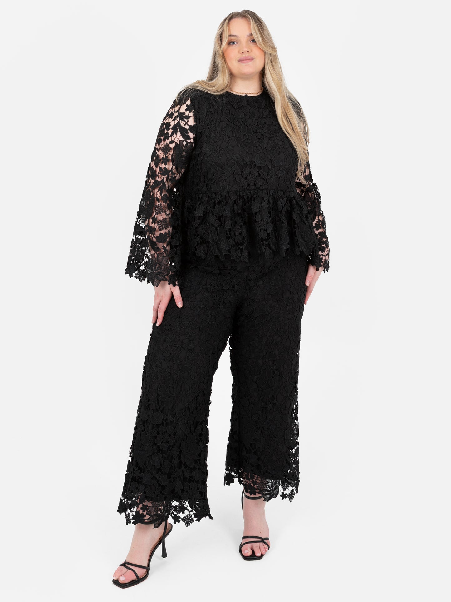 Lovedrobe Black Floral Lace Bell Sleeve Peplum Top