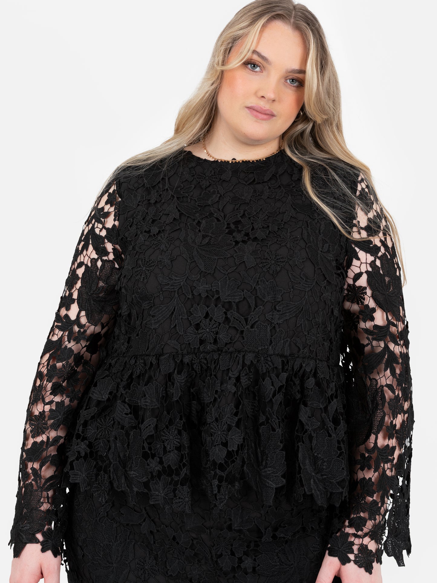 Lovedrobe Black Floral Lace Bell Sleeve Peplum Top