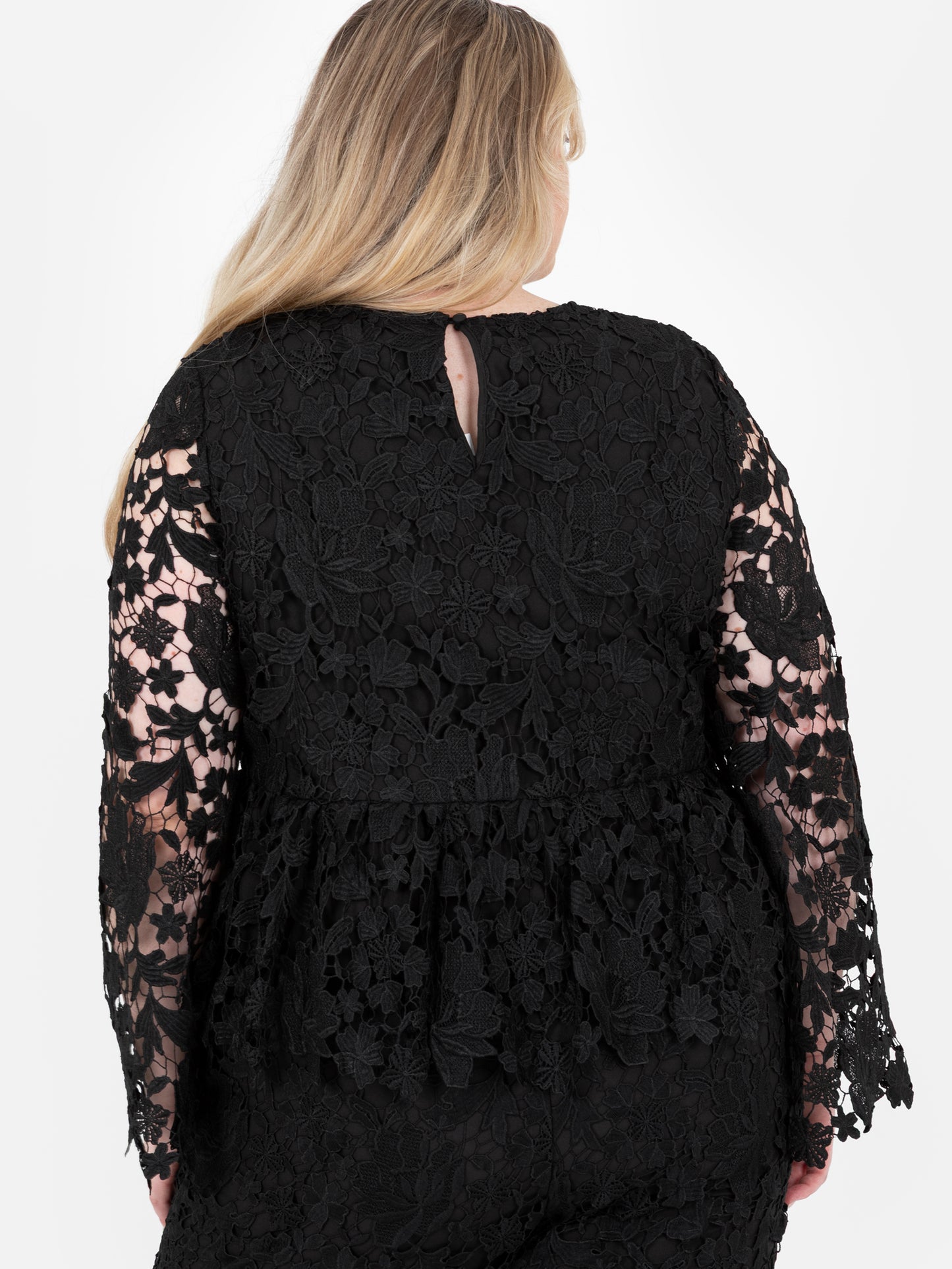 Lovedrobe Black Floral Lace Bell Sleeve Peplum Top