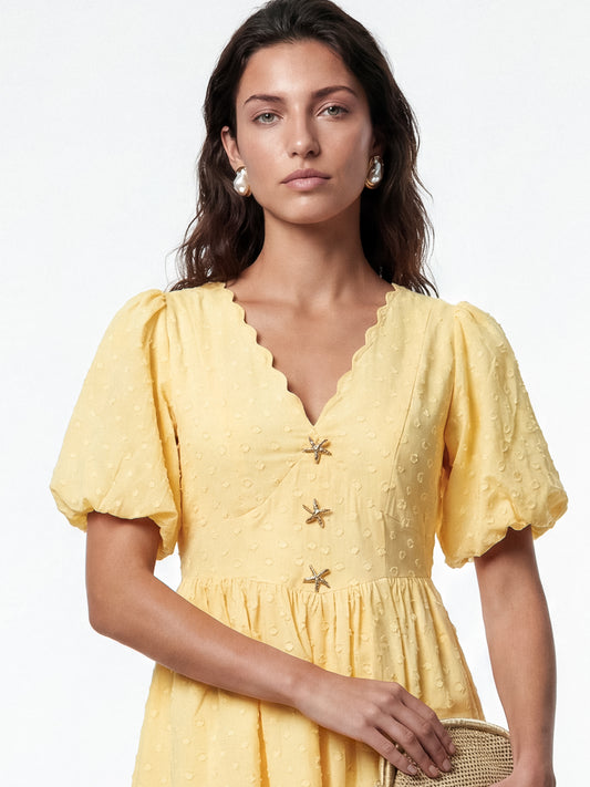 Lovedrobe Lemon Scalloped V Neck Starfish Button Mini Dress