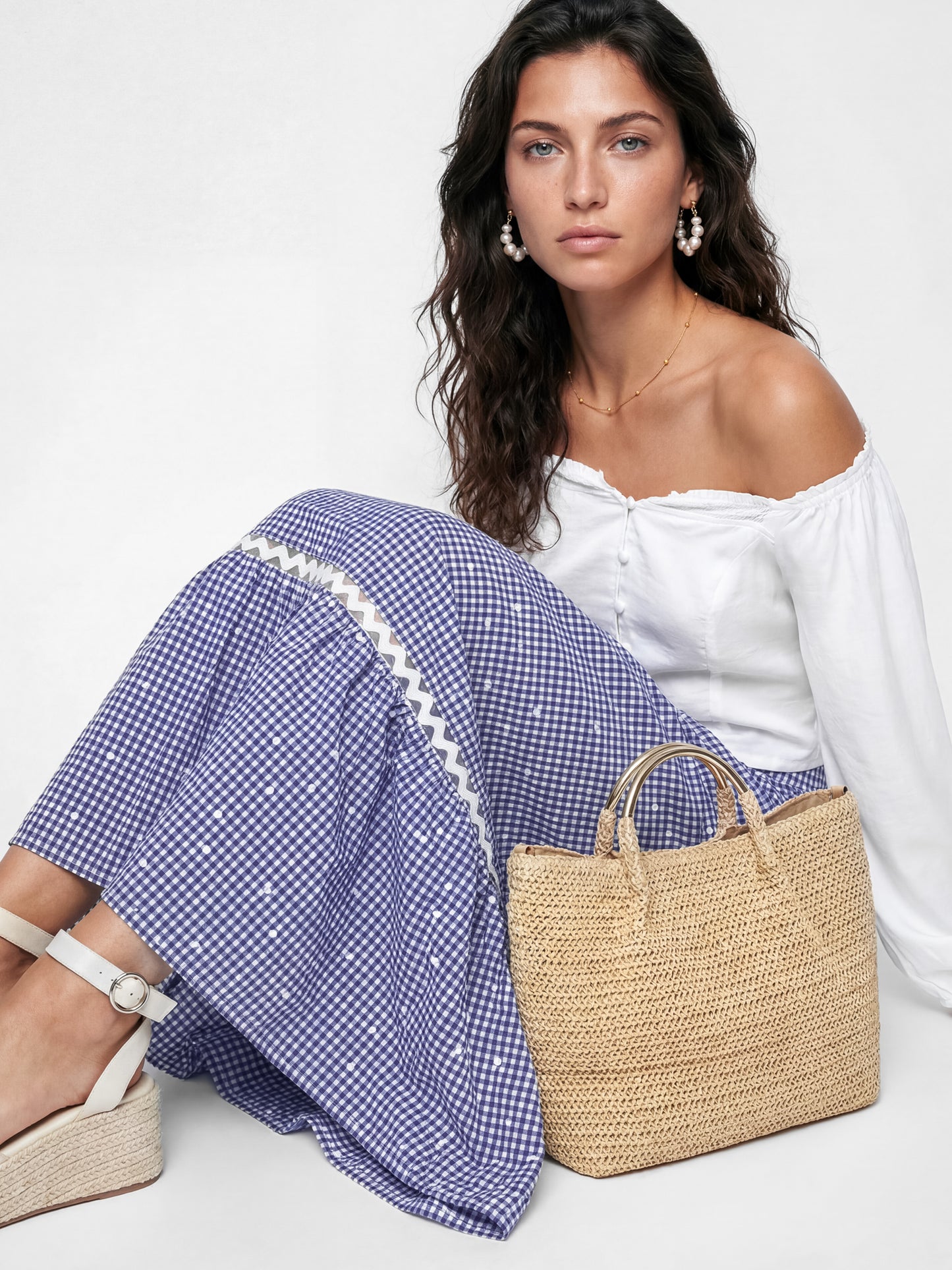 Lovedrobe Blue Gingham & Polka Dot Midi Skirt