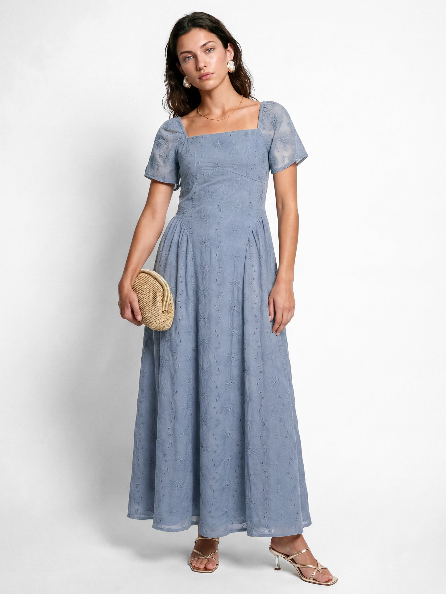 Lovedrobe Dusty Blue Broderie Angel Sleeve Maxi Dress Lovedrobe Dusty Blue Broderie Angel Sleeve Maxi Dress