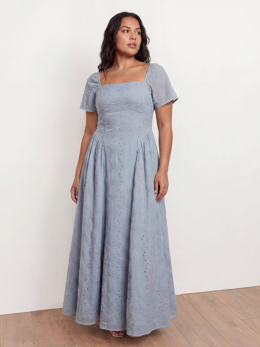 Lovedrobe Dusty Blue Broderie Angel Sleeve Maxi Dress