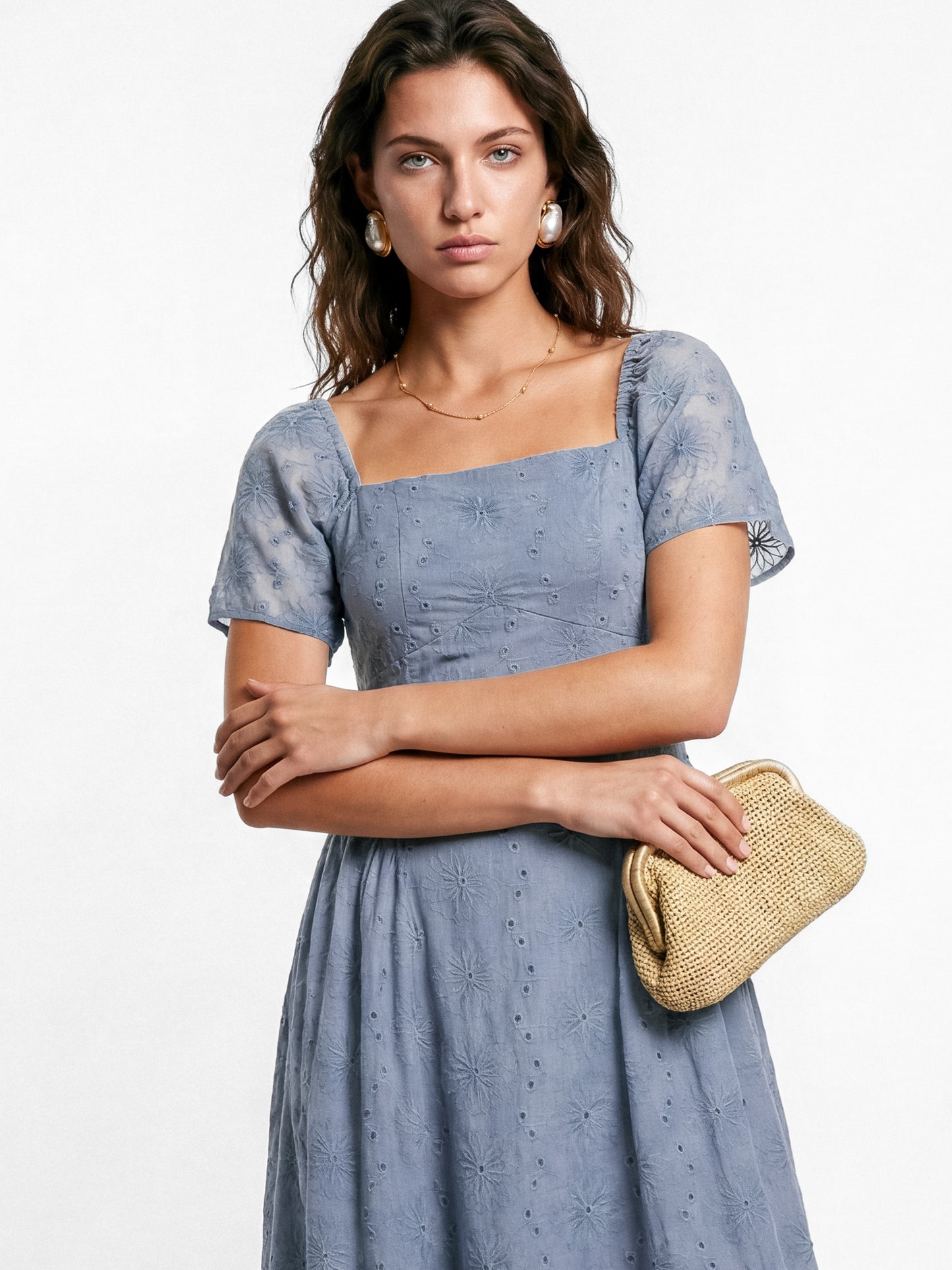 Lovedrobe Dusty Blue Broderie Angel Sleeve Maxi Dress Lovedrobe Dusty Blue Broderie Angel Sleeve Maxi Dress