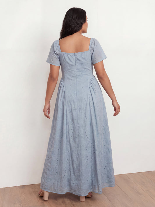 Lovedrobe Dusty Blue Broderie Angel Sleeve Maxi Dress