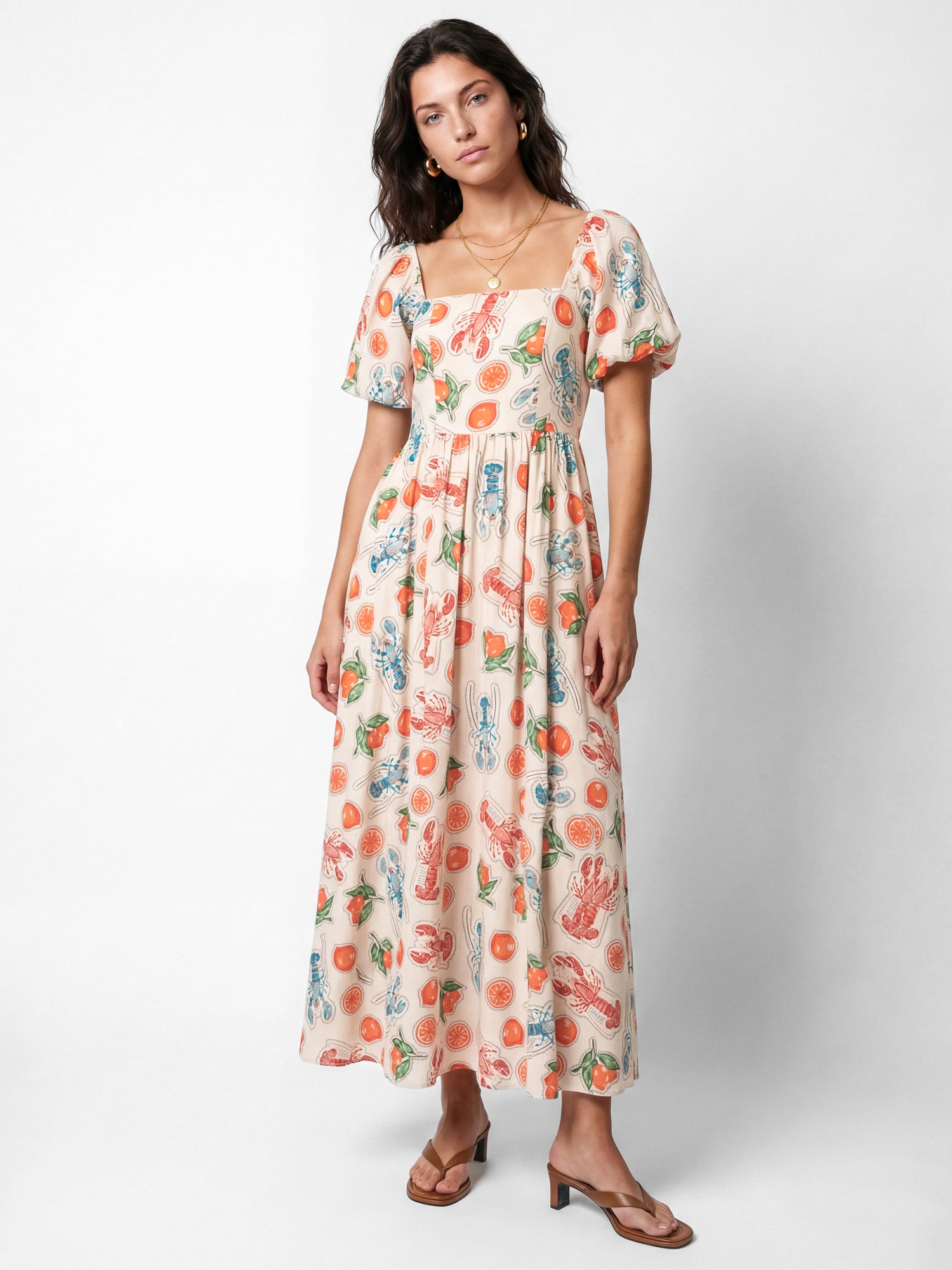 Lovedrobe Lobster & Citrus Print Short Sleeve Tie Back Midaxi Dress