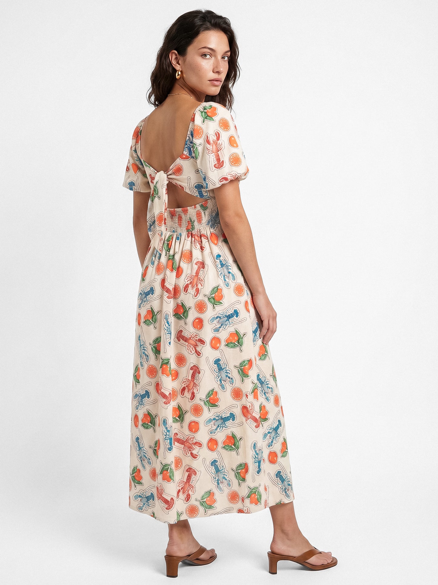 Lovedrobe Lobster & Citrus Print Short Sleeve Tie Back Midaxi Dress